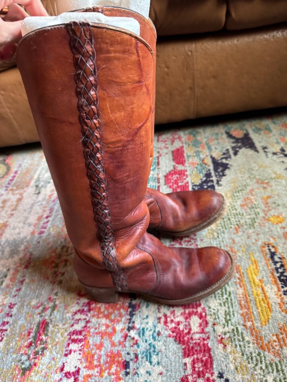 Vintage Frye Cognac Leather Campus Boots Braided Trim Size 8.5B
